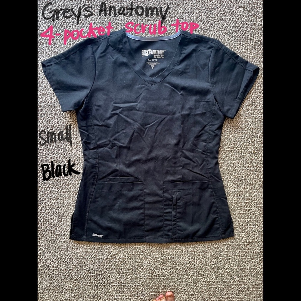 Grey's Anatomy 4 Pocket V-Neck Scrub Top S Black